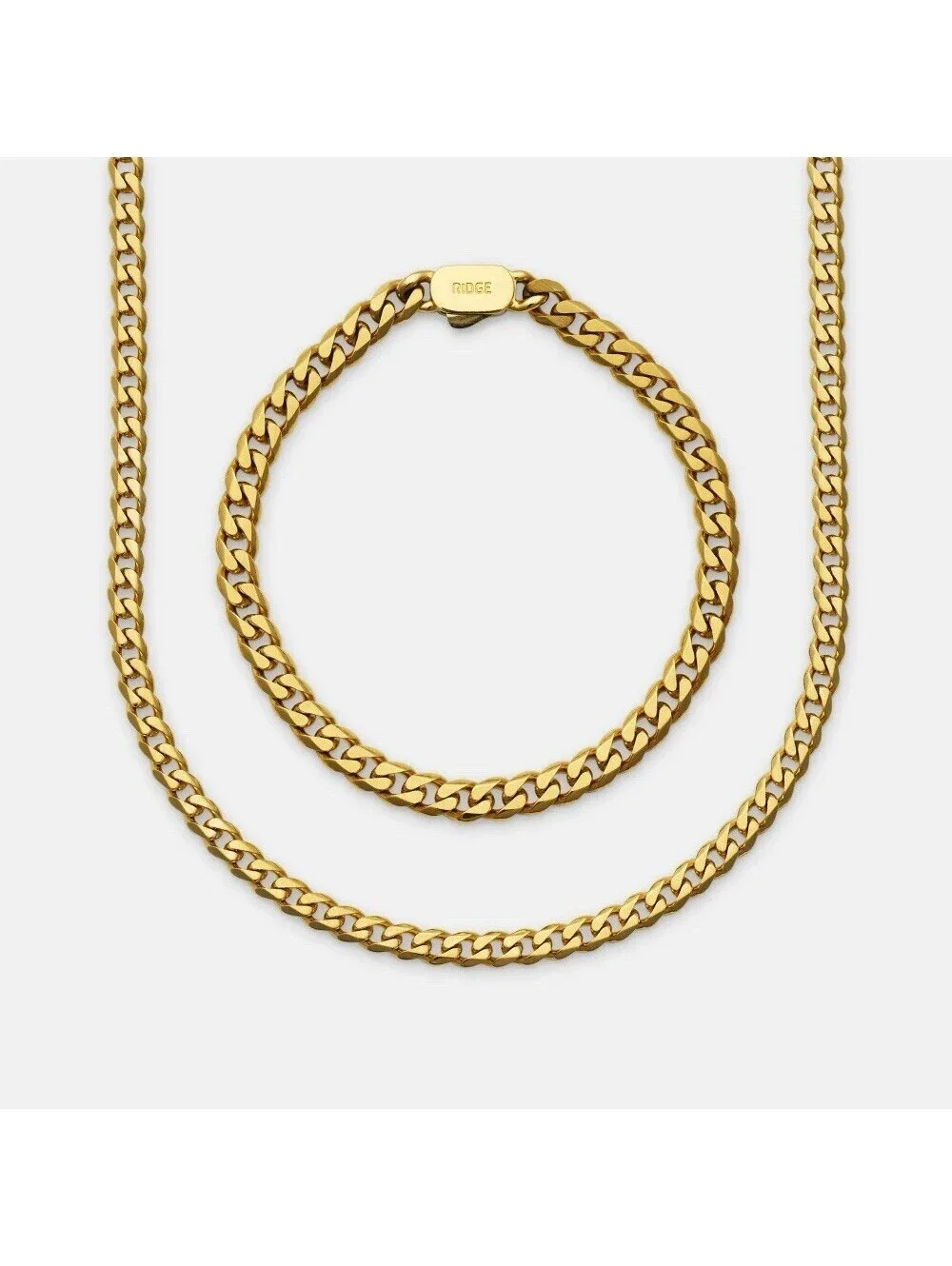 Ridge Curb Chain 18K Gold Over Stainless Steel 22” Necklace 8.5” Bracelet set